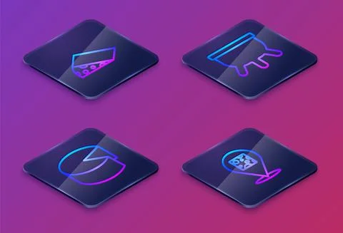 Set Isometric line Cheese, , Udder and . Blue square button. Vector 스톡 일러스트