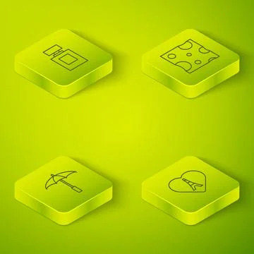 Set Isometric line Cheese, Umbrella for beach, Eiffel tower with heart and Stockillustratie