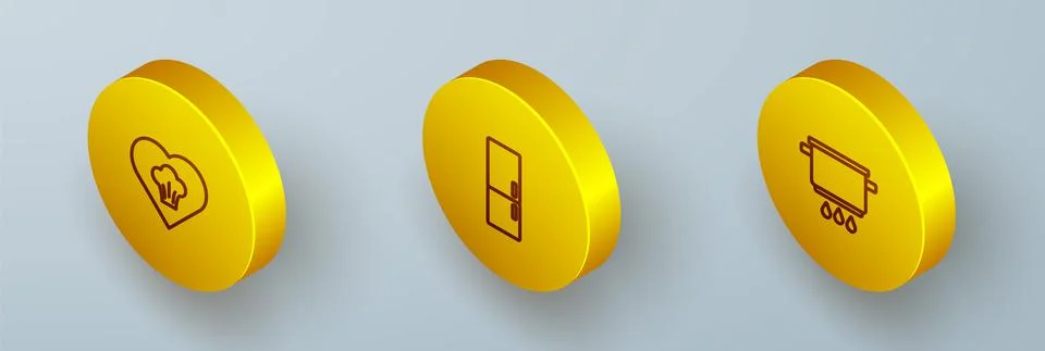 Set Isometric line Chef hat, Refrigerator and Cooking pot on fire icon. Vector Stock Illustration