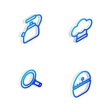Set Isometric line Chef hat, Kettle with handle, Frying pan and Kitchen tim.. Illustration
