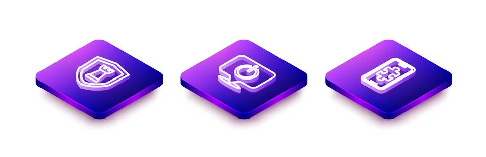 Set Isometric line Chess shield, Power button and Mobile gaming icon. Vector Stock Illustration