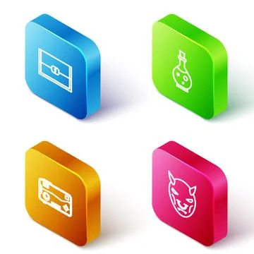 Set Isometric line Chest for game, Bottle with magic elixir, Mobile and playing Stock Illustration