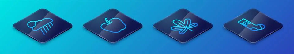 Set Isometric line Chestnut leaf, Cloud with rain and sun, Socks and Apple icon Stock Illustration