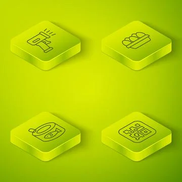 Set Isometric line Chicken egg in box, Canned fish, QR code and Scanner scanning Stock Illustration
