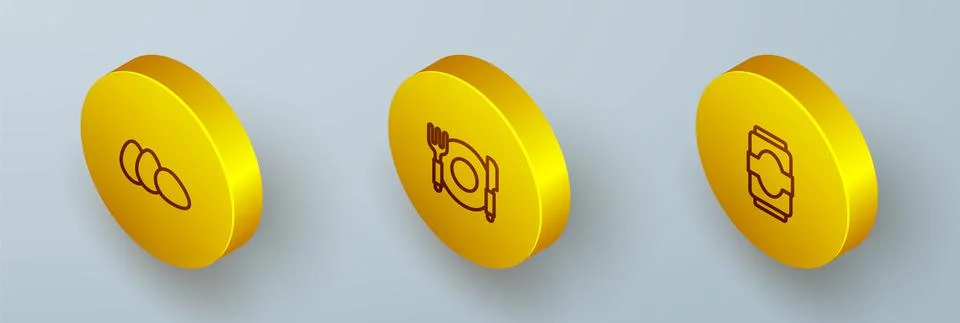 Set Isometric line Chicken egg, Plate, fork and knife and Soda can icon. Vector Stock Illustration