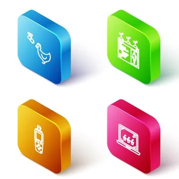 Set Isometric line Chicken farm and camera, Smart farming technology, Portable Stock Illustration