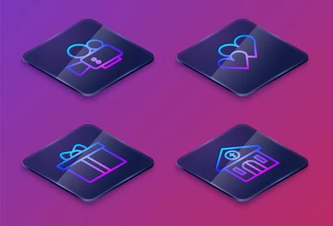 Set Isometric line Cinema camera, Gift box, Heart and Church building. Blue Ilustración de archivo