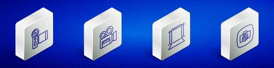 Set Isometric line Cinema camera, Retro cinema, Empty photo studio and Phot.. Stock Illustration
