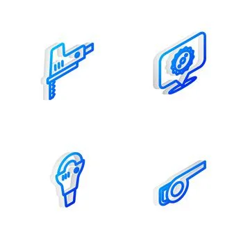 Set Isometric line Circular saw blade, Electric jigsaw, Angle grinder and Leaf Stock Illustration