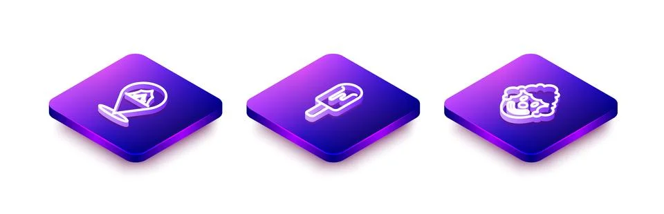Set Isometric line Circus tent, Ice cream and Clown head icon. Vector Stock Illustration