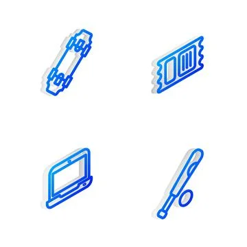 Set Isometric line Circus ticket, Skateboard, Laptop and Baseball bat with .. Illustrazione stock