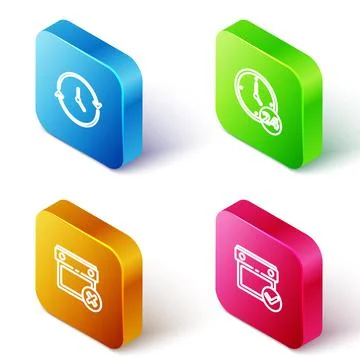 Set Isometric line Clock, 24 hours, Calendar date delete and with check mark Illustrazione stock