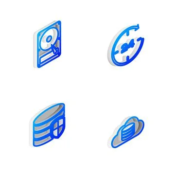 Set Isometric line Clock 24 hours, Hard disk drive HDD, Database protection and Stock Illustration