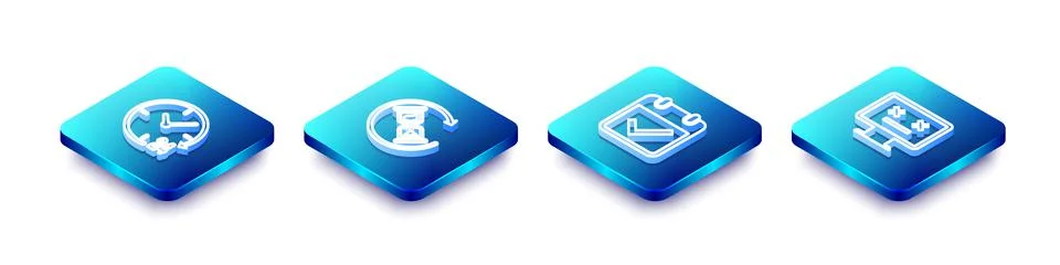 Set Isometric line Clock 24 hours, Waiting, Calendar with check mark and Dead 스톡 일러스트