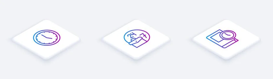 Set Isometric line Clock, Always busy and Time for book. White square button 스톡 일러스트