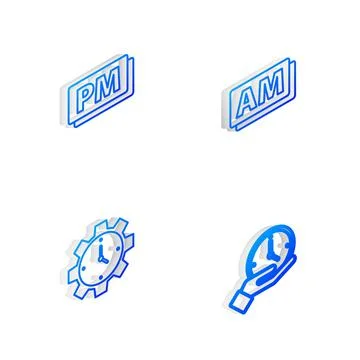 Set Isometric line Clock AM, PM, Time Management and icon. Vector Illustrazione stock