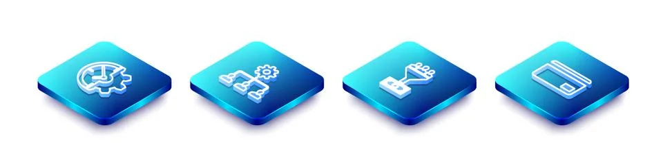 Set Isometric line Clock and gear, Lead management, and Credit card icon. Vector Stock Illustration