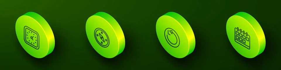 Set Isometric line Clock, Compass, Radius and Calendar icon. Vector Stock Illustration