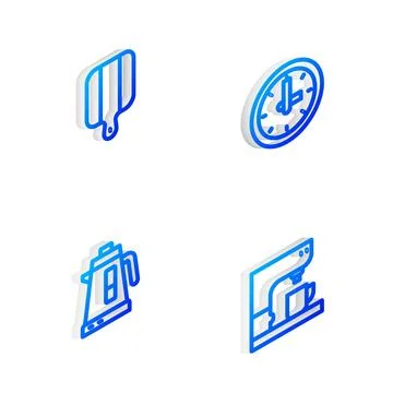 Set Isometric line Clock, Cutting board, Electric kettle and Coffee machine.. Ilustração Stock
