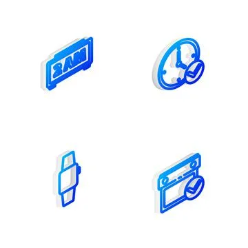 Set Isometric line Clock, Digital alarm clock, Smartwatch and Calendar with 스톡 일러스트