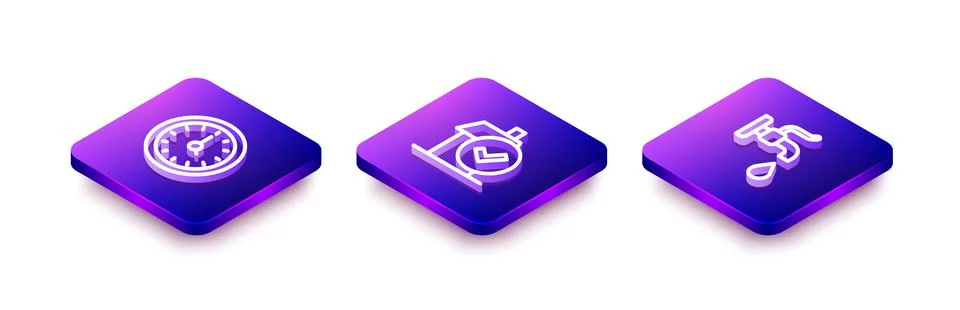 Set Isometric line Clock, Home cleaning service and Water tap icon. Vector Stock Illustration