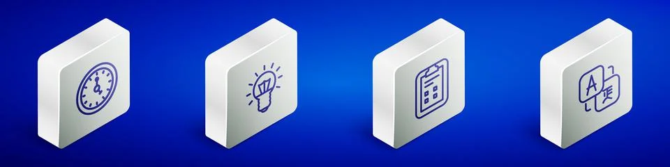 Set Isometric line Clock, Light bulb, Exam sheet with check mark and Translator Stock Illustration