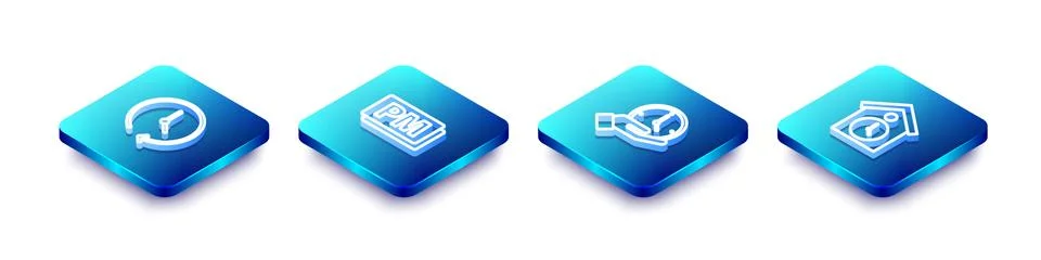 Set Isometric line Clock, PM, and Retro wall watch icon. Vector Stock Illustration
