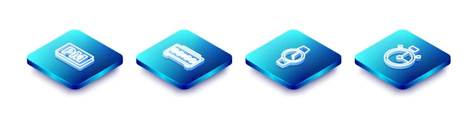 Set Isometric line Clock PM, Digital alarm clock, Wrist watch and Stopwatch icon Illustrazione stock