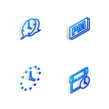 Set Isometric line Clock PM, speech bubble, and Calendar and clock icon. Vector Stock Illustration