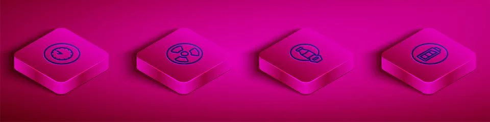 Set Isometric line Clock, Radioactive, Lactose free and Battery icon. Vector イラスト素材