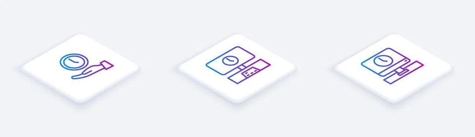 Set Isometric line Clock, Smart Tv time and Monitor. White square button. Vector Stock Illustration