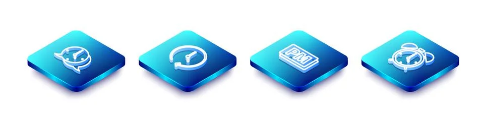 Set Isometric line Clock speech bubble, , PM and Alarm clock icon. Vector Illustrazione stock