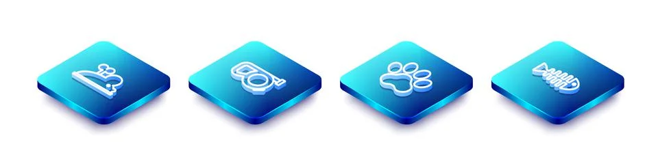 Set Isometric line Clockwork mouse, Retractable cord leash, Paw print and Fish Stock Illustration