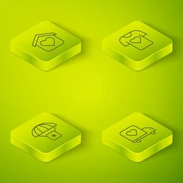 Set Isometric line Clothes donation, Humanitarian aid, Delivery truck with heart Illustrazione stock