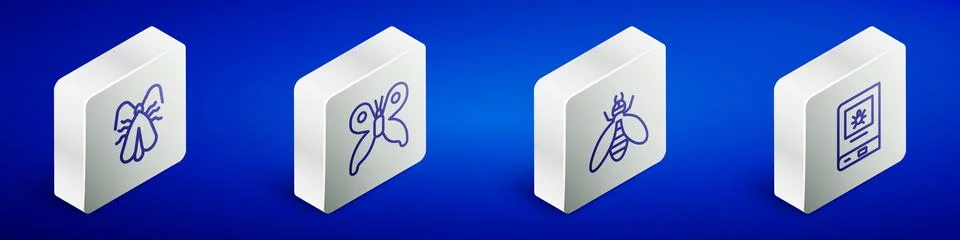 Set Isometric line Clothes moth, Butterfly, Bee and Book about insect icon Stock Illustration