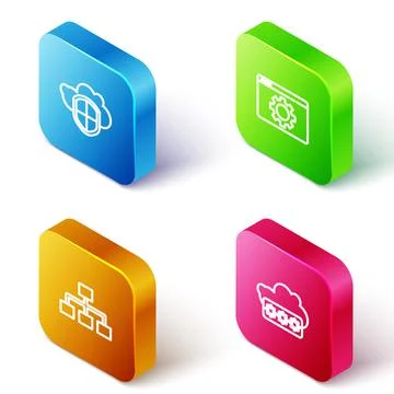 Set Isometric line Cloud and shield, Browser setting, Hierarchy organogram chart Stock Illustration