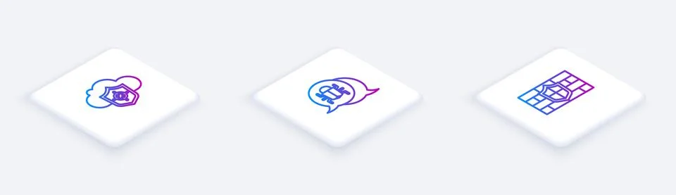 Set Isometric line Cloud and shield, System bug and Shield with brick wall Stock-Illustration