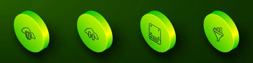 Set Isometric line Cloud and shield, download upload, Server and Sales funnel Stock Illustration