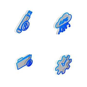 Set Isometric line Cloud api interface, USB flash drive with lock, Folder and 스톡 일러스트
