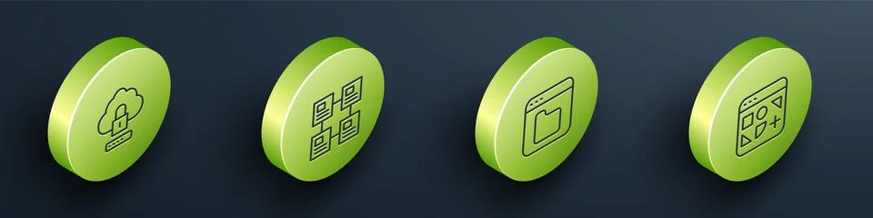Set Isometric line Cloud computing lock, Hierarchy organogram chart, Browser Stock Illustration