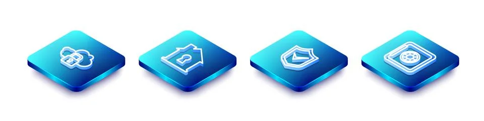 Set Isometric line Cloud computing lock, House under protection, Shield with Stock Illustration