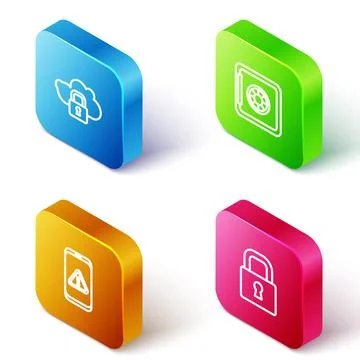 Set Isometric line Cloud computing lock, Safe, Mobile with exclamation mark and Illustrazione stock