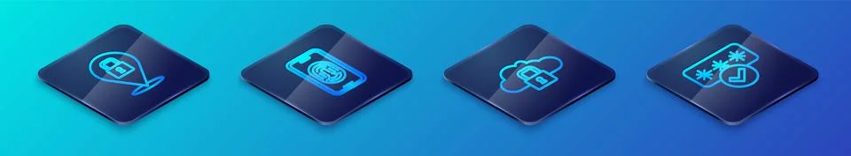 Set Isometric line Cloud computing lock, Lock, Password protection and Mobile 스톡 일러스트