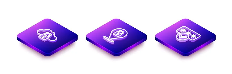 Set Isometric line Cloud computing lock, Lock and Password protection icon Stock Illustration