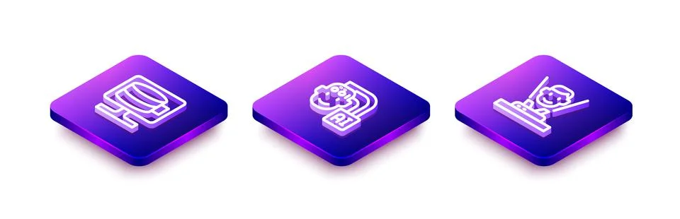 Set Isometric line Cloud database, Humanoid robot and Hologram icon. Vector Stock Illustration