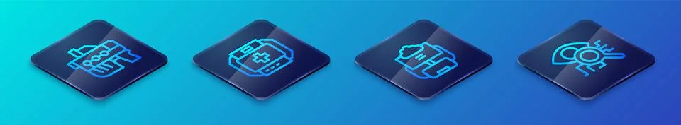 Set Isometric line Cloud database, Futuristic weapon, Eye scan and First aid kit Stock Illustration