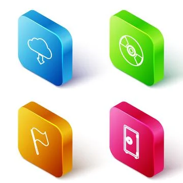 Set Isometric line Cloud download, CD or DVD disk, Flag and Safe icon. Vector Illustrazione stock