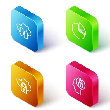 Set Isometric line Cloud download and upload, Pie chart infographic, computing Stock Illustration