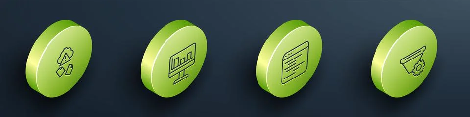 Set Isometric line Cloud hacking, Monitor with graph chart, Software and Filter Stockillustratie