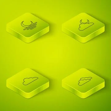 Set Isometric line Cloud with moon, , and Sunset icon. Vector 스톡 일러스트